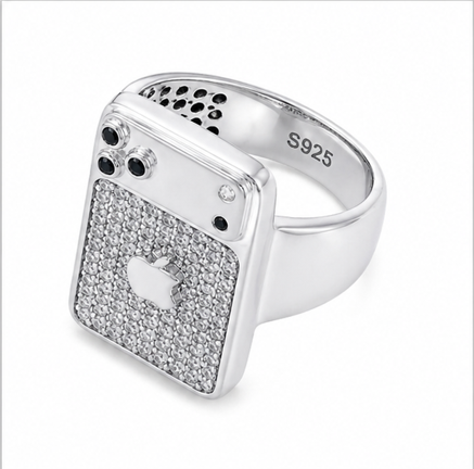 Premium S925 Silver Apple Design Statement Ring with Diamond Studded Finish