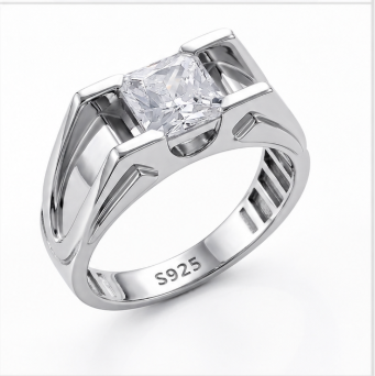 S925 Sterling Silver Princess Cut Solitaire Ring for Men