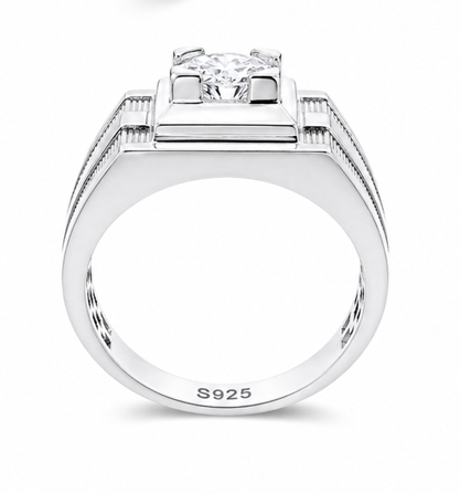Premium S925 Sterling Silver Square Head Diamond-Cut Ring for Men β Platinum Finish Statement Ring