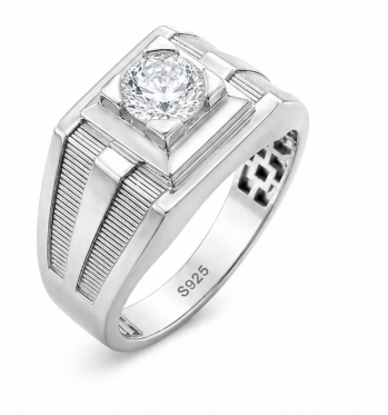 Premium S925 Sterling Silver Square Head Diamond-Cut Ring for Men β Platinum Finish Statement Ring