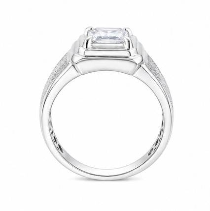 Men’s Square-Cut Solitaire Ring – 925 Sterling Silver Textured Band with Premium Zircon Stone