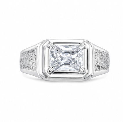 Men’s Square-Cut Solitaire Ring – 925 Sterling Silver Textured Band with Premium Zircon Stone