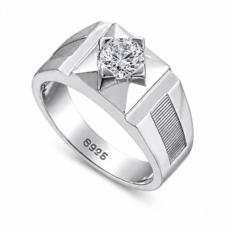 Men’s Geometric Solitaire Ring – 925 Sterling Silver with High-Polish Platinum Finish