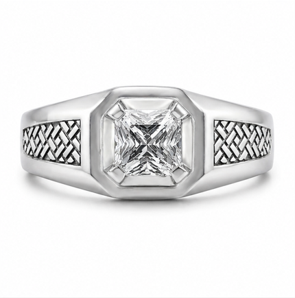 Classic S925 Silver Cushion Cut Solitaire Ring with Engraved Band Design