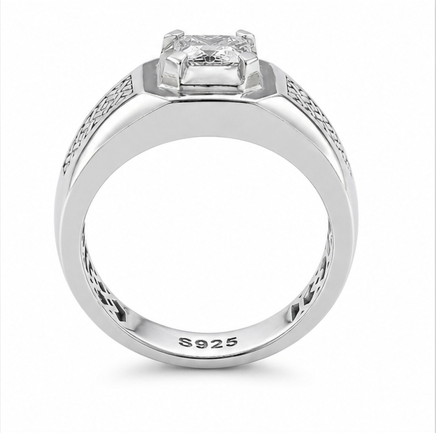 Classic S925 Silver Cushion Cut Solitaire Ring with Engraved Band Design