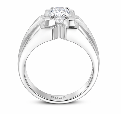 925 Sterling Silver Floral Claw Setting Ring with Round-Cut Stone – Platinum Finish Statement Ring for Men