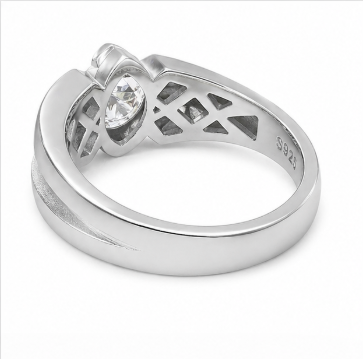 Stylish 925 Sterling Silver Solitaire Ring with Textured Band – Platinum Finish Men’s Ring