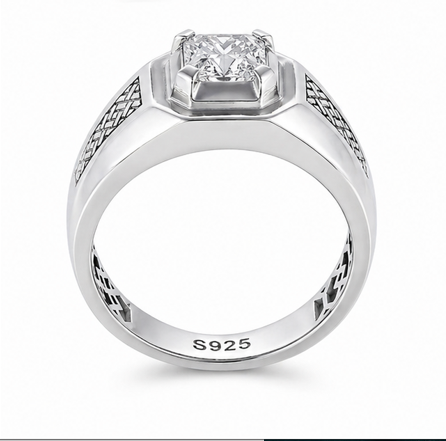 Elegant S925 Silver Princess Cut Solitaire Ring with Textured Designer Band