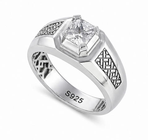 Elegant S925 Silver Princess Cut Solitaire Ring with Textured Designer Band
