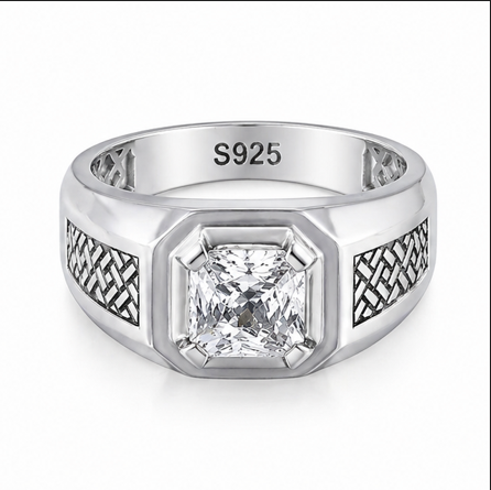 Elegant S925 Silver Princess Cut Solitaire Ring with Textured Designer Band