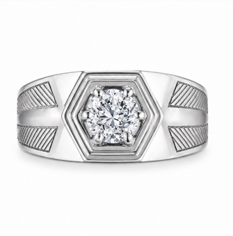 Men’s Hexagon Solitaire Ring – 925 Sterling Silver Textured Designer Band