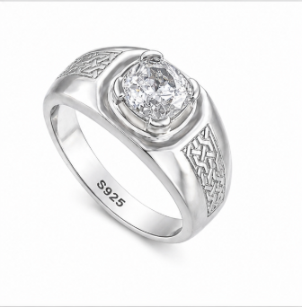 Men’s Cushion-Cut Zircon Ring – 925 Sterling Silver Engraved Designer Statement Ring