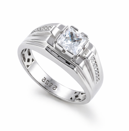 Men’s Princess-Cut Solitaire Ring – 925 Sterling Silver with Dual Band & Side Stone Accents