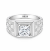 Men’s Checkered Texture Square Stone Ring – 925 Sterling Silver Statement Ring