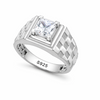 Men’s Checkered Texture Square Stone Ring – 925 Sterling Silver Statement Ring