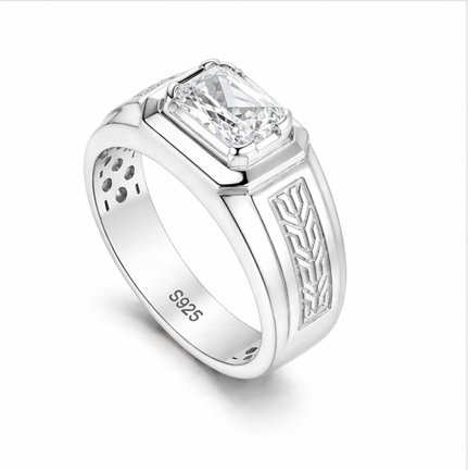 Men’s Emerald-Cut Solitaire Ring – 925 Sterling Silver with Engraved Designer Ring