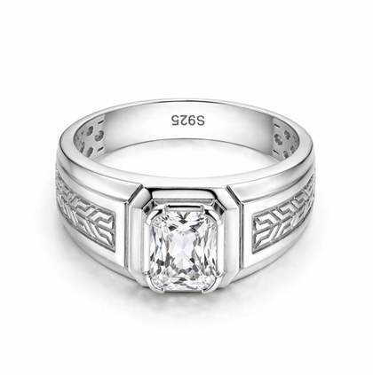 Men’s Emerald-Cut Solitaire Ring – 925 Sterling Silver with Engraved Designer Ring