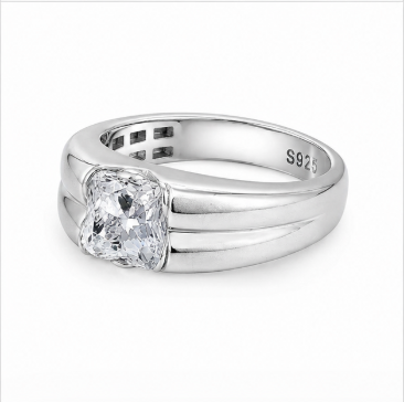 Stylish S925 Silver Cushion Cut Solitaire Ring with Dual Texture Designer Band