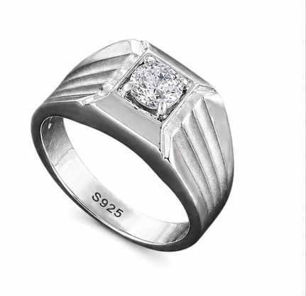 Men’s Square Zircon Signet Ring – 925 Sterling Silver Textured Designer Ring