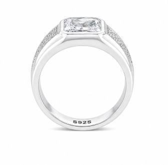 Men’s Cushion-Cut Solitaire Ring – 925 Sterling Silver with Textured Side Detailing