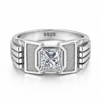 Men’s Textured Panel Square Stone Ring – 925 Sterling Silver Bold Designer Ring