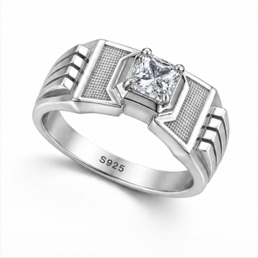 Men’s Textured Panel Square Stone Ring – 925 Sterling Silver Bold Designer Ring