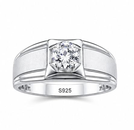 Men’s Classic Round Solitaire Ring – 925 Sterling Silver Square Mount