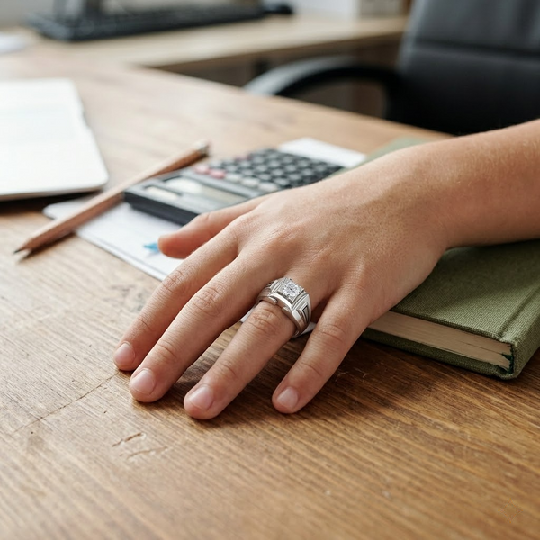 Geometric V-Pattern Round-Cut Stone Ring – 925 Sterling Silver Designer Statement Ring for Men