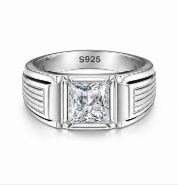 Men’s Princess Cut Solitaire Ring – 925 Sterling Silver Textured Designer Ring