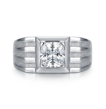 Classic Square Solitaire Ring – 925 Sterling Silver Grooved Band Statement Ring