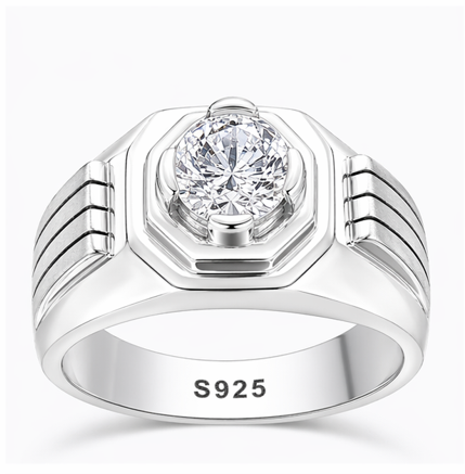 Premium S925 Silver Round Cut Solitaire Ring with Bold Designer Band