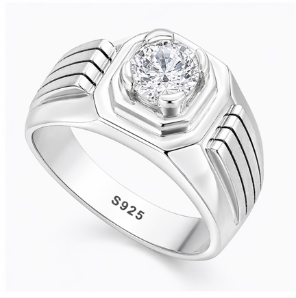 Premium S925 Silver Round Cut Solitaire Ring with Bold Designer Band