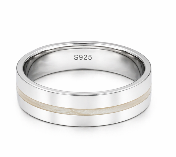 Classic Silver Band Ring with Ivory Inlay in 925 Sterling Silver