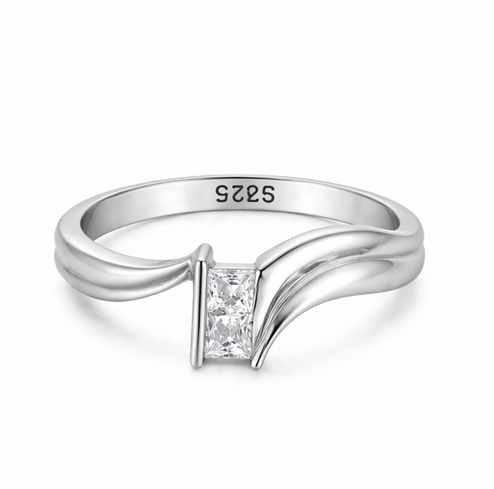 Princess Cut Wave Solitaire Ring in 925 Sterling Silver