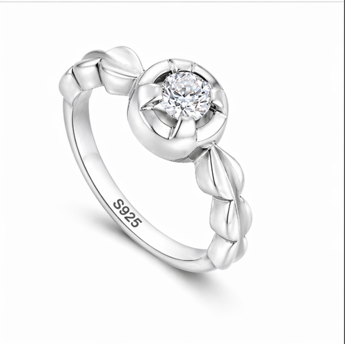 Floral Halo Solitaire Ring in 925 Sterling Silver