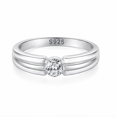 Classic Round Solitaire Ribbed Band Ring in 925 Sterling Silver