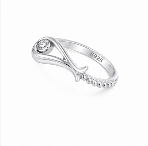Elegant Wave Curve Solitaire Ring in 925 Sterling Silver