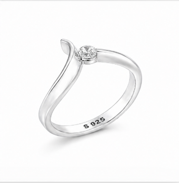 Elegant Curved Open Solitaire Ring in 925 Sterling Silver