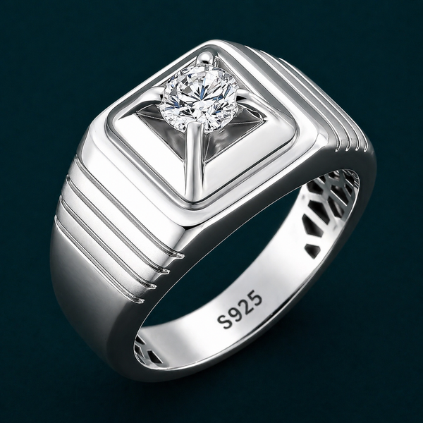 Premium S925 Sterling Silver Solitaire Square Signet Ring with Diamond Accent