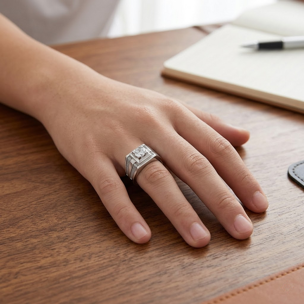 Premium S925 Sterling Silver Square Head Diamond-Cut Ring for Men β Platinum Finish Statement Ring