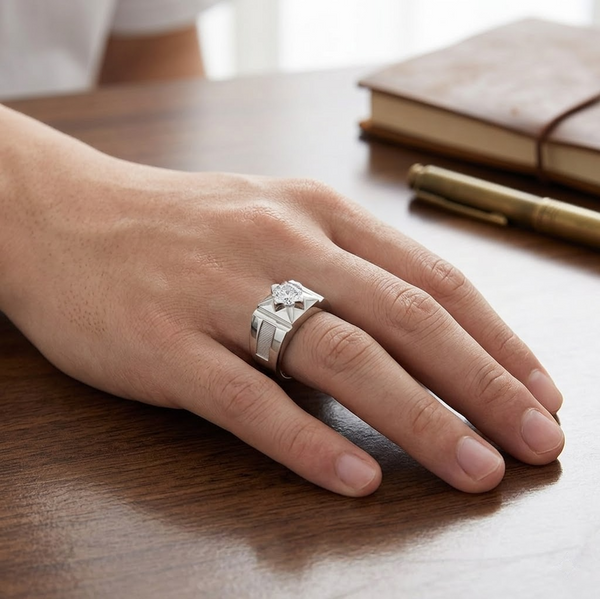 Men’s Geometric Solitaire Ring – 925 Sterling Silver with High-Polish Platinum Finish