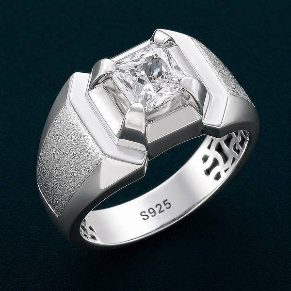Men’s Geometric Square-Cut Stone Ring – 925 Sterling Silver Bold Statement Ring