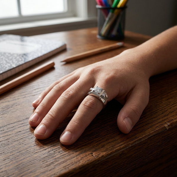 Men’s Geometric Solitaire Ring – 925 Sterling Silver with Brilliant Cut Stone