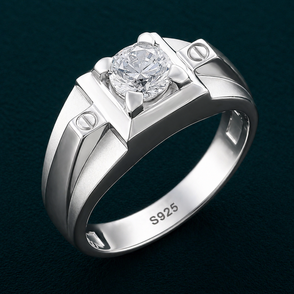 Men’s Geometric Solitaire Ring – 925 Sterling Silver with Brilliant Cut Stone