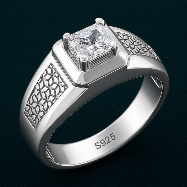 Classic Square Solitaire Ring – 925 Sterling Silver Textured Band with Princess-Cut Crystal