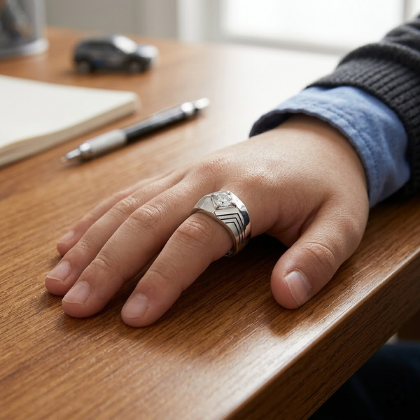 Men’s Classic Solitaire Ring – 925 Sterling Silver with Square Setting | Sleek Line Design & Platinum Finish