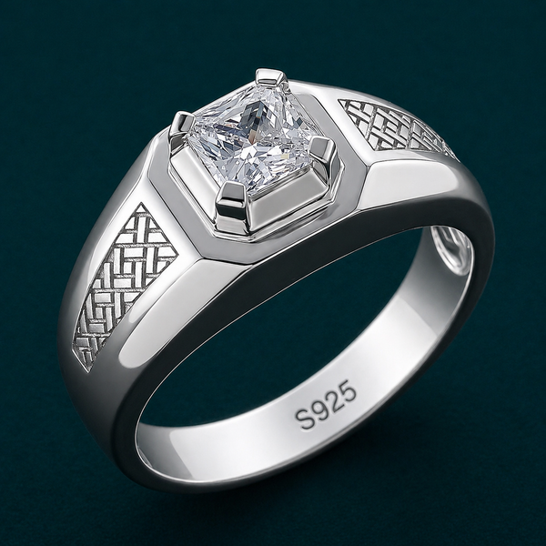 Elegant S925 Silver Princess Cut Solitaire Ring with Textured Designer Band