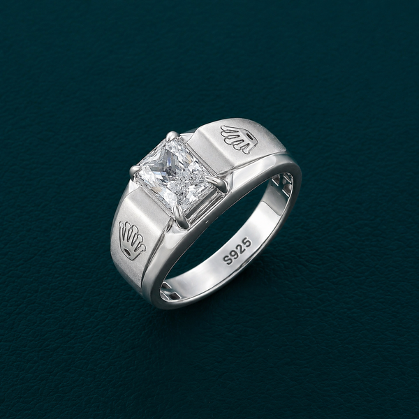 Luxury Crown Design Square-Cut Stone Ring – 925 Sterling Silver Statement Ring for Men