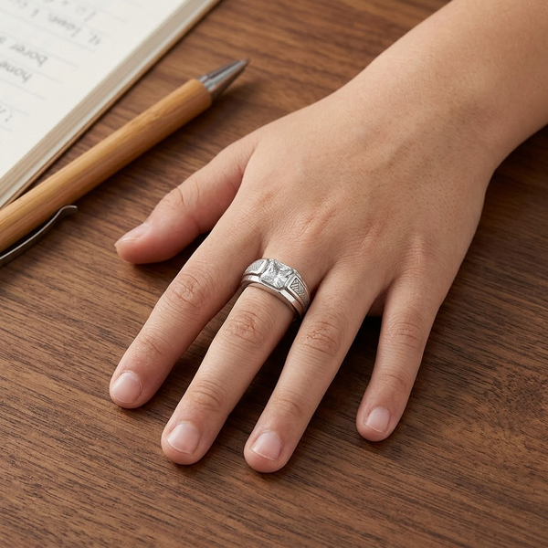 Elegant Square-Cut Designer Ring – 925 Sterling Silver Textured Statement Ring