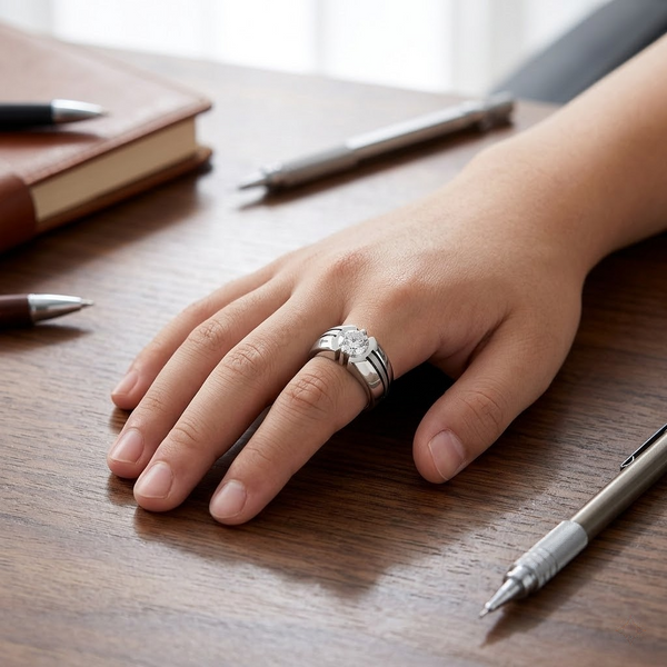 Men’s Modern Solitaire Ring – 925 Sterling Silver with Dual Line Accent Design